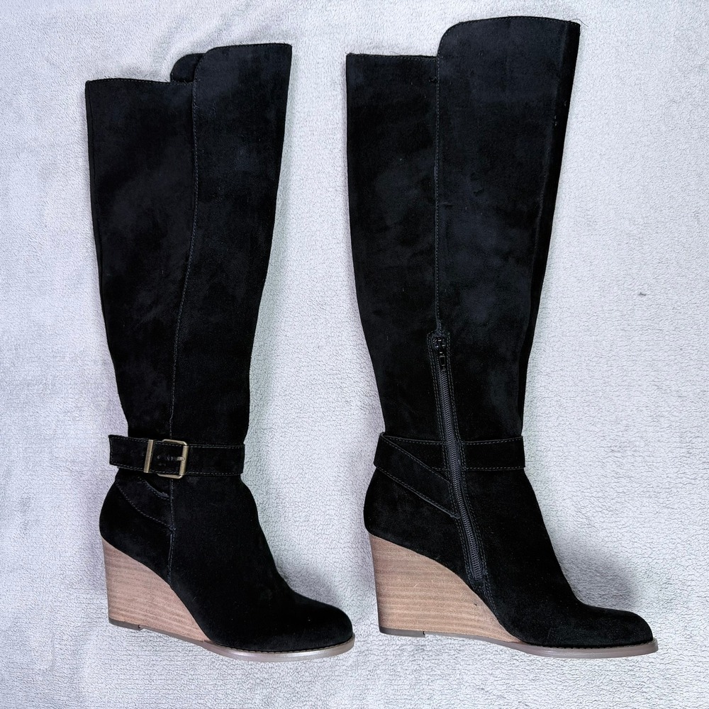 Sole Society Womens 7 Black Suede Leather Paloma Wedge Heel Tall Knee High Boots